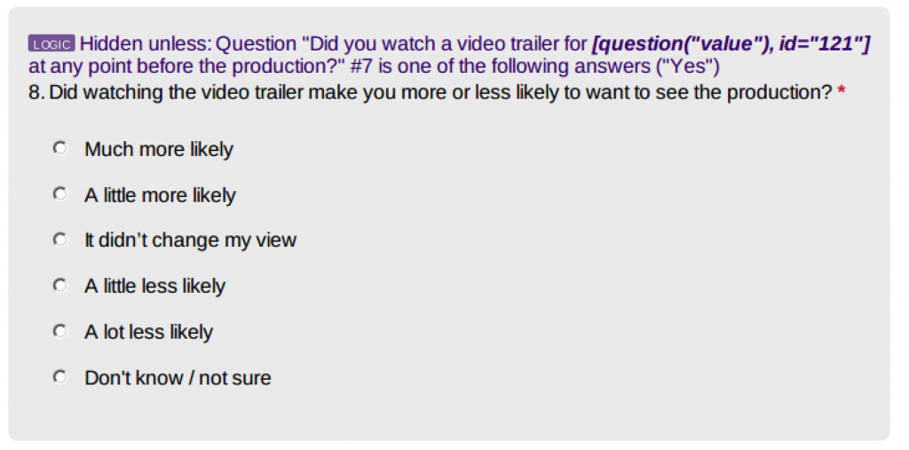 Screenshot of a question with 'hidden unless' logic wording
